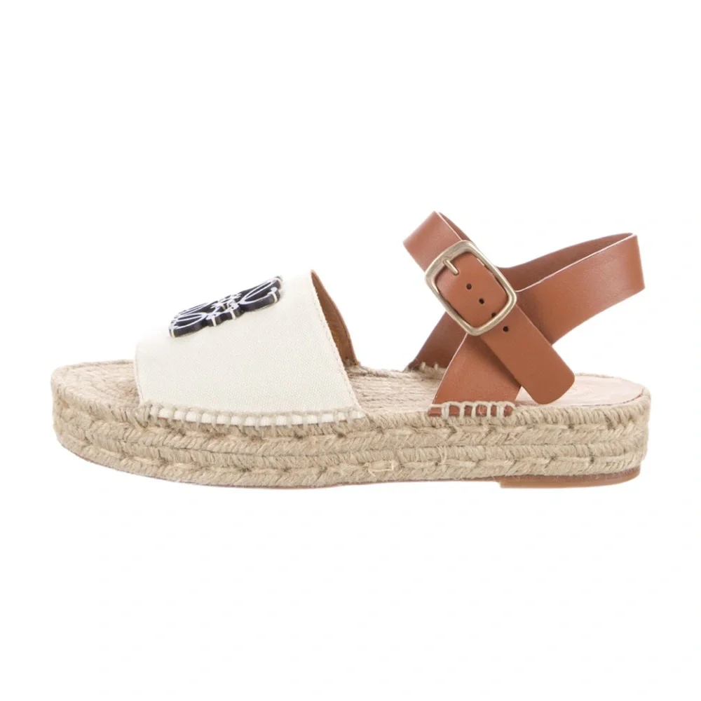 Loewe White & Blue Leather Espadrille Sandals with Tan Ankle Strap